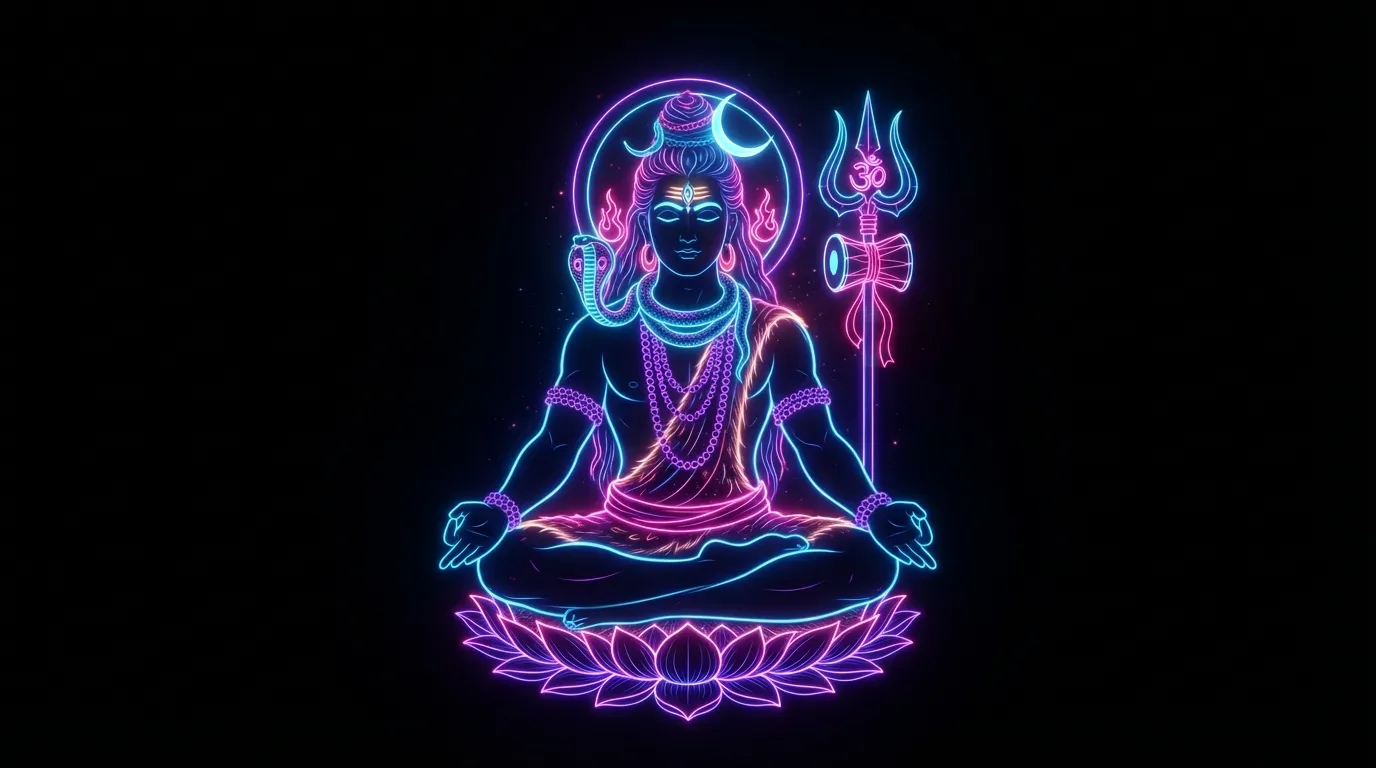 Creative digital illustration of Lord Shiva in modern neon blue and purple glowing cyberpunk style.