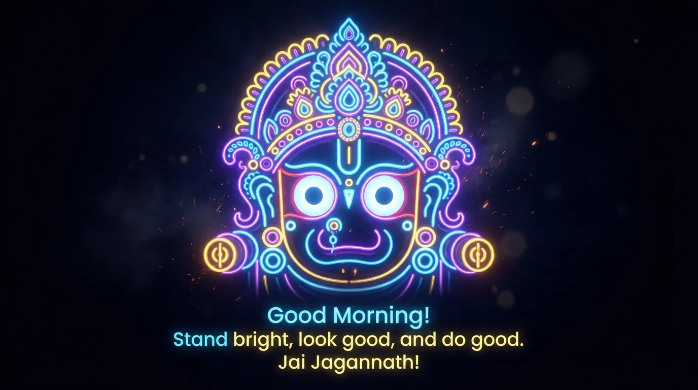 Modern abstract neon glowing line art of Lord Jagannath face for WhatsApp status.