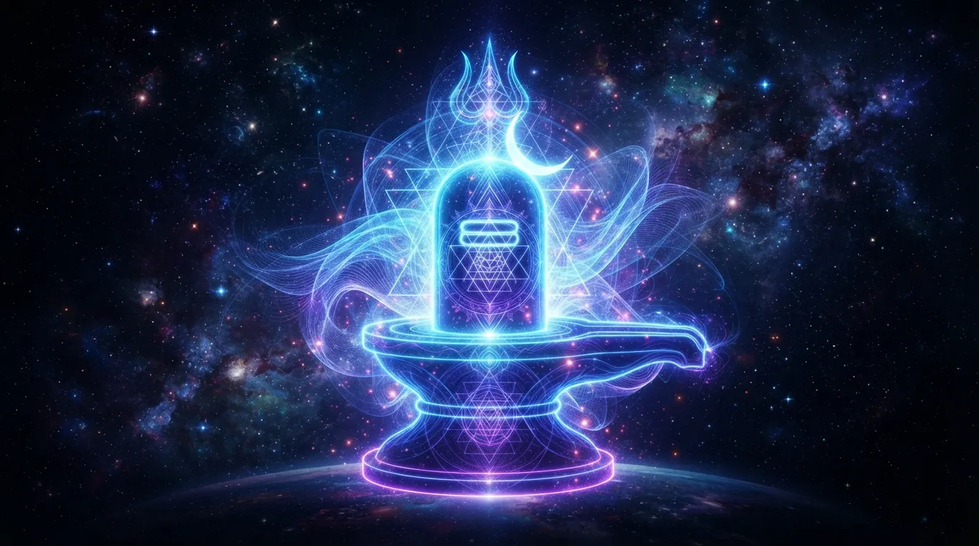 Abstract neon glowing shivling wallpaper in full hd with cosmic background elements.