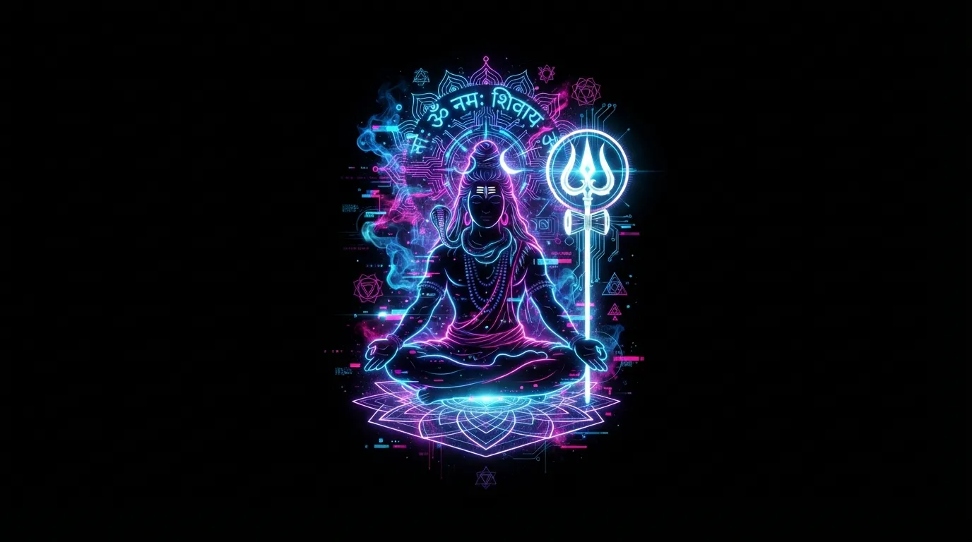 Modern cyberpunk style Lord Shiva illustration with glowing blue and purple neon lights.