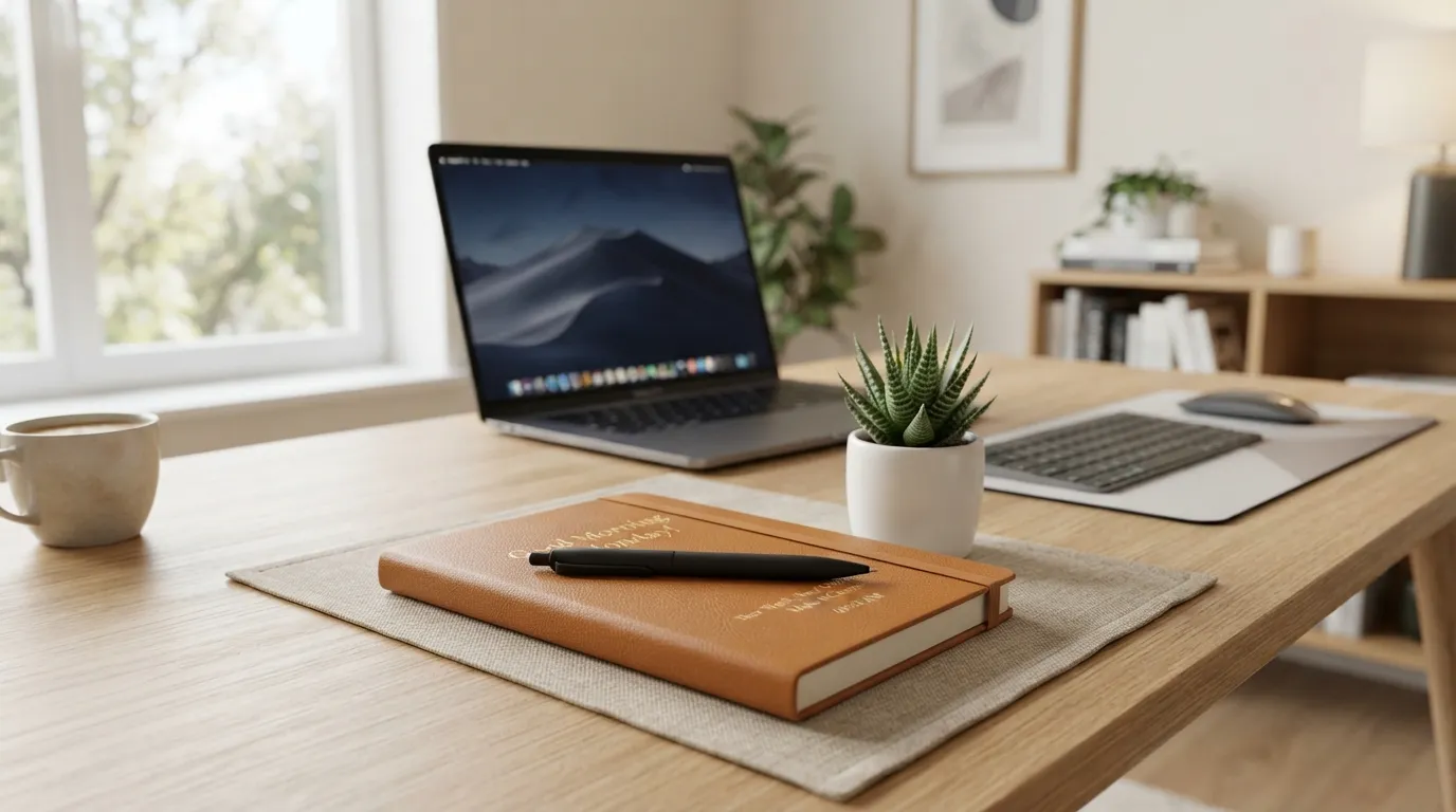 Clean minimalist workspace with a notebook and pen for Monday motivation.