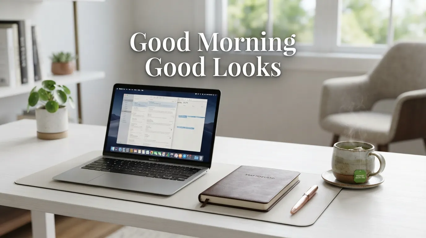 A sleek office desk setup with a laptop, notebook, and morning tea.