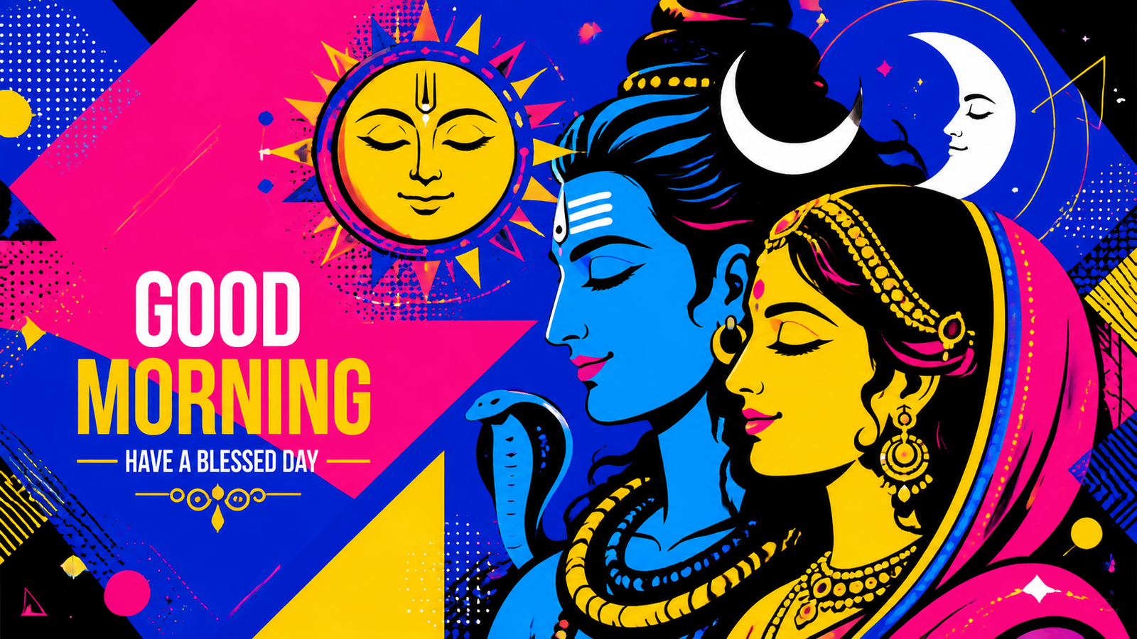 A bright and vibrant pop art vector illustration of smiling Shiva and Parvati for a modern morning greeting.
