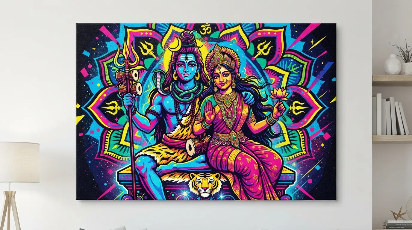 A vibrant, contemporary pop-art style painting of Lord Shiva and Goddess Parvati.