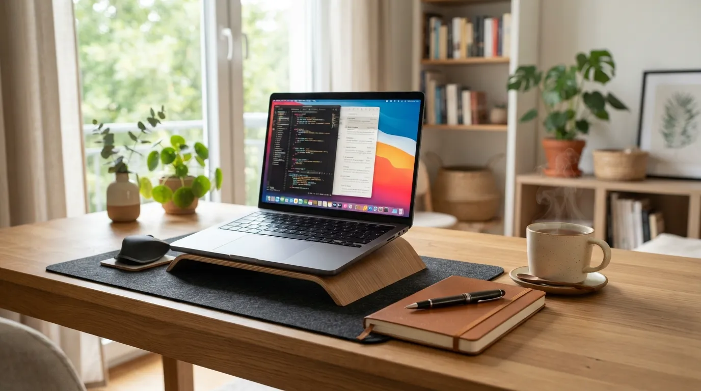 Modern good morning images of a clean home office setup with a notebook.