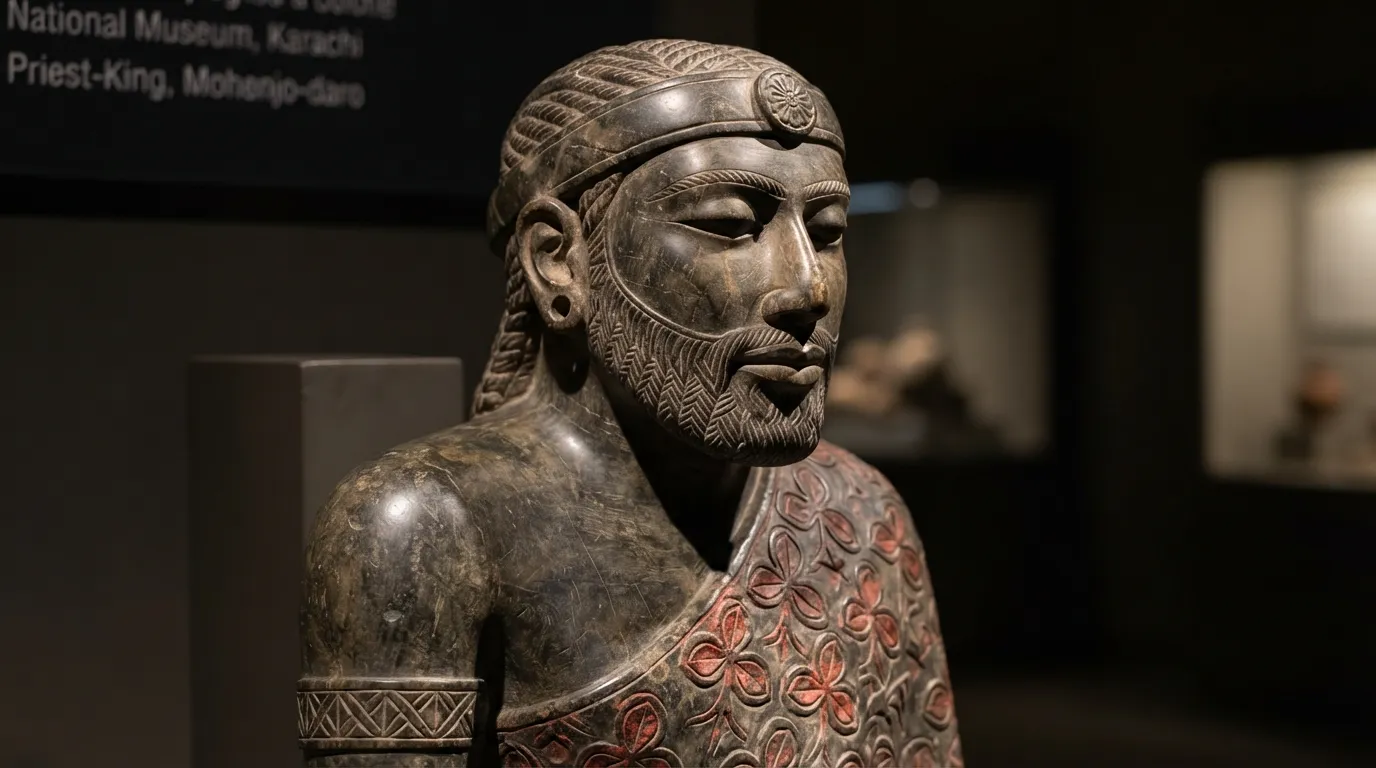 Iconic Priest King bust statue from Mohenjo daro with trefoil pattern robe.
