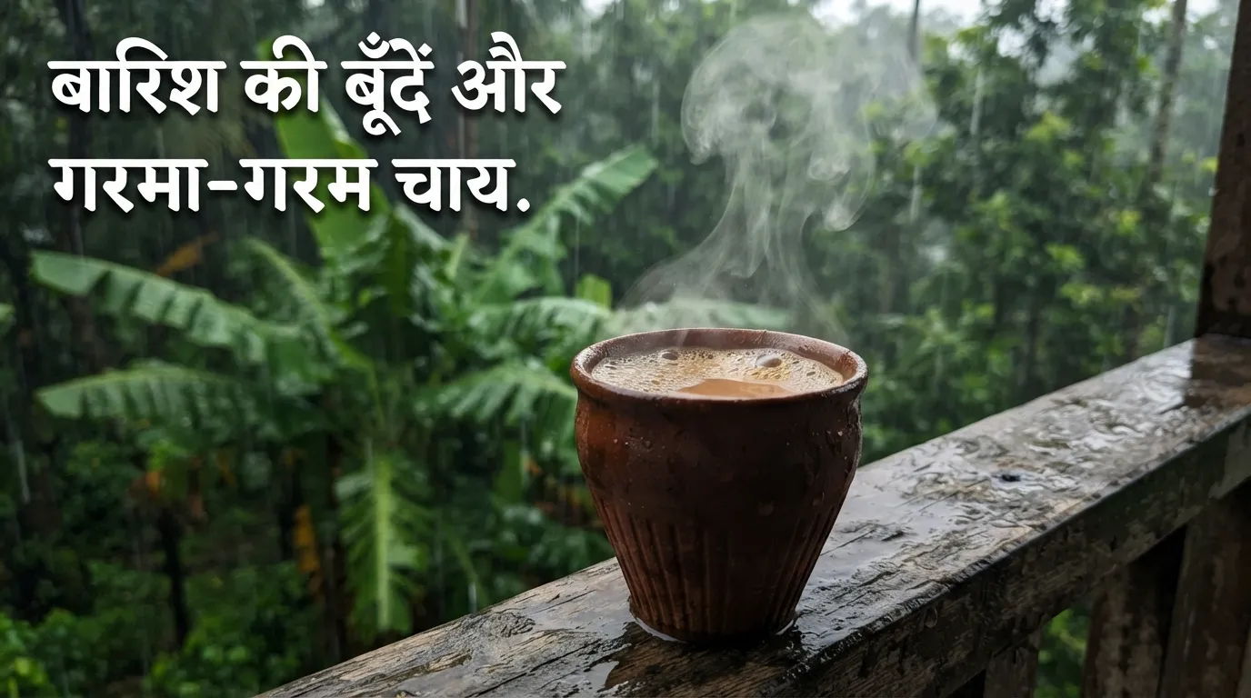 A steaming clay cup of tea on a balcony during rain with a Hindi quote.