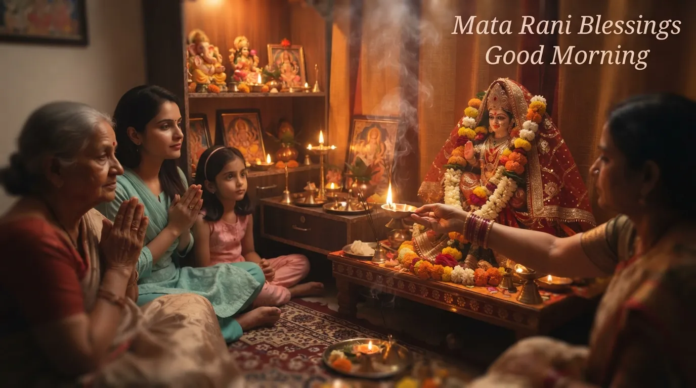 Devotees performing morning aarti in home shrine with Mata Rani.