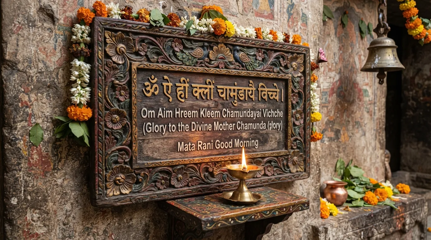 A decorative plaque with an inscribed morning chant to Mata Rani and a lit diya.
