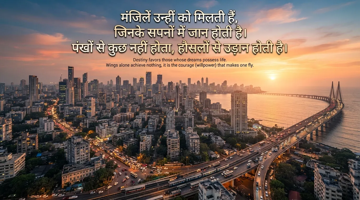 A busy city skyline at dawn with a dynamic Hindi motivational quote.