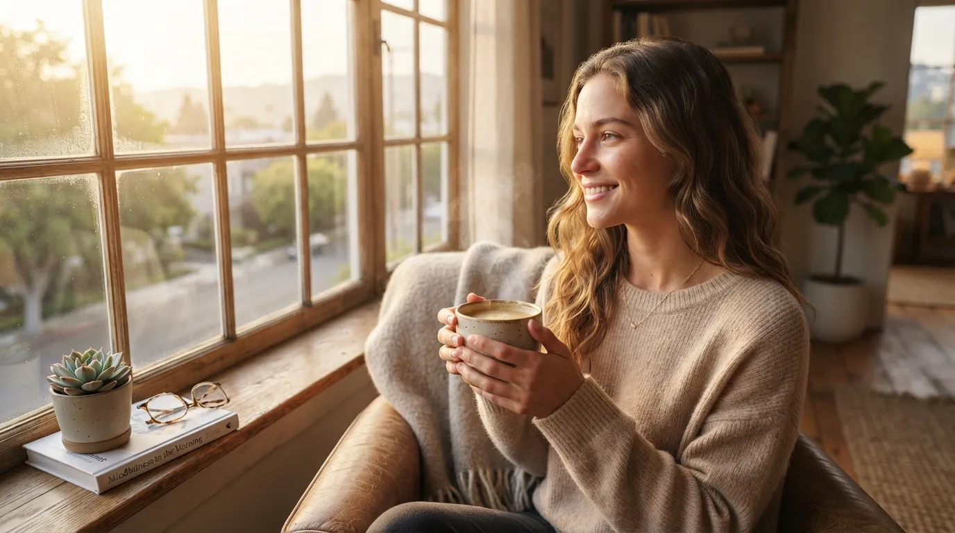 Steaming coffee cup on a wooden table in warm morning sunlight