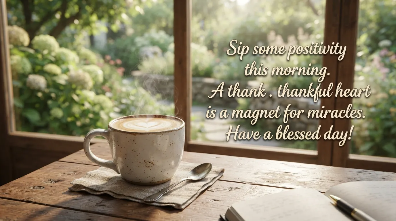 Thought good morning images of a steaming coffee mug on a rustic table.