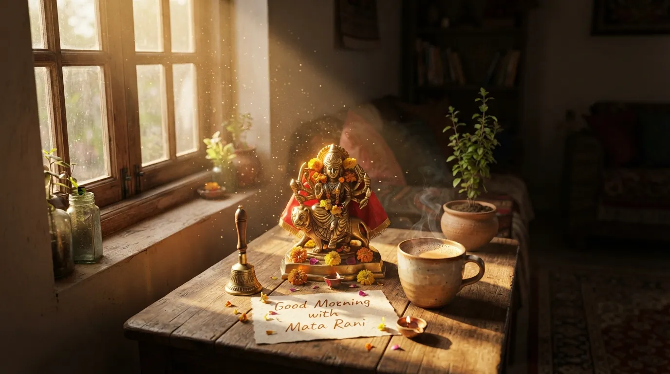 Soft morning sunlight streaming onto a small Mata Rani idol in a cozy room setting.