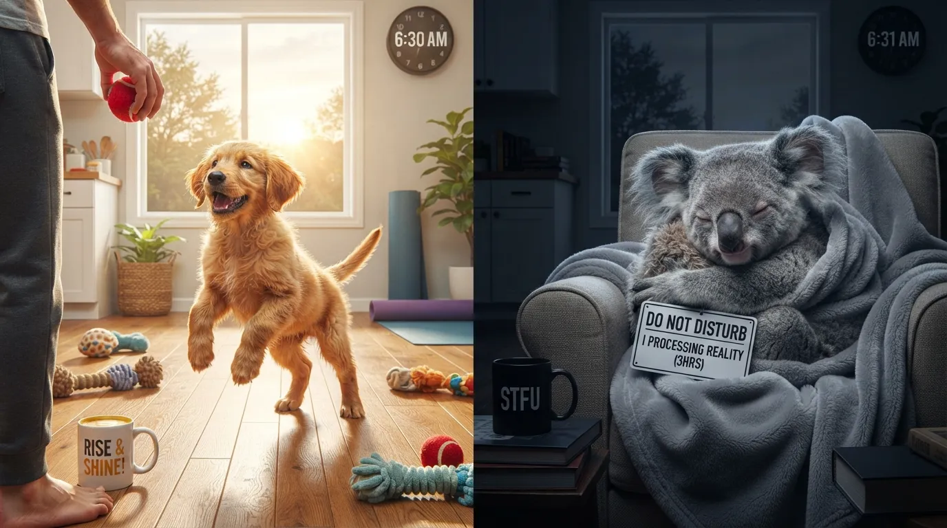 A funny contrast between an energetic puppy and a tired koala in the morning.