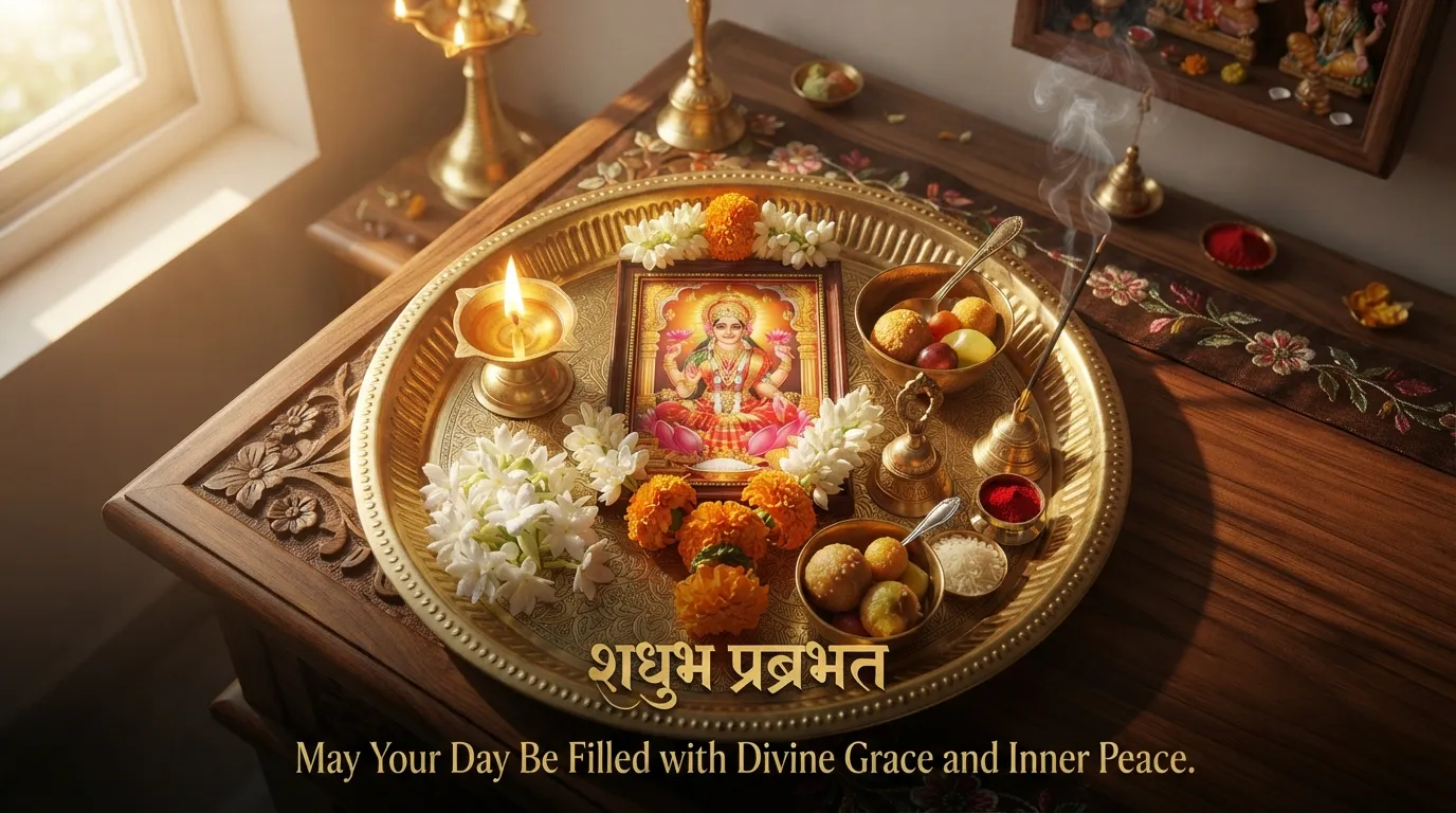 Divine morning puja thali with Goddess Laxmi picture and fresh flowers