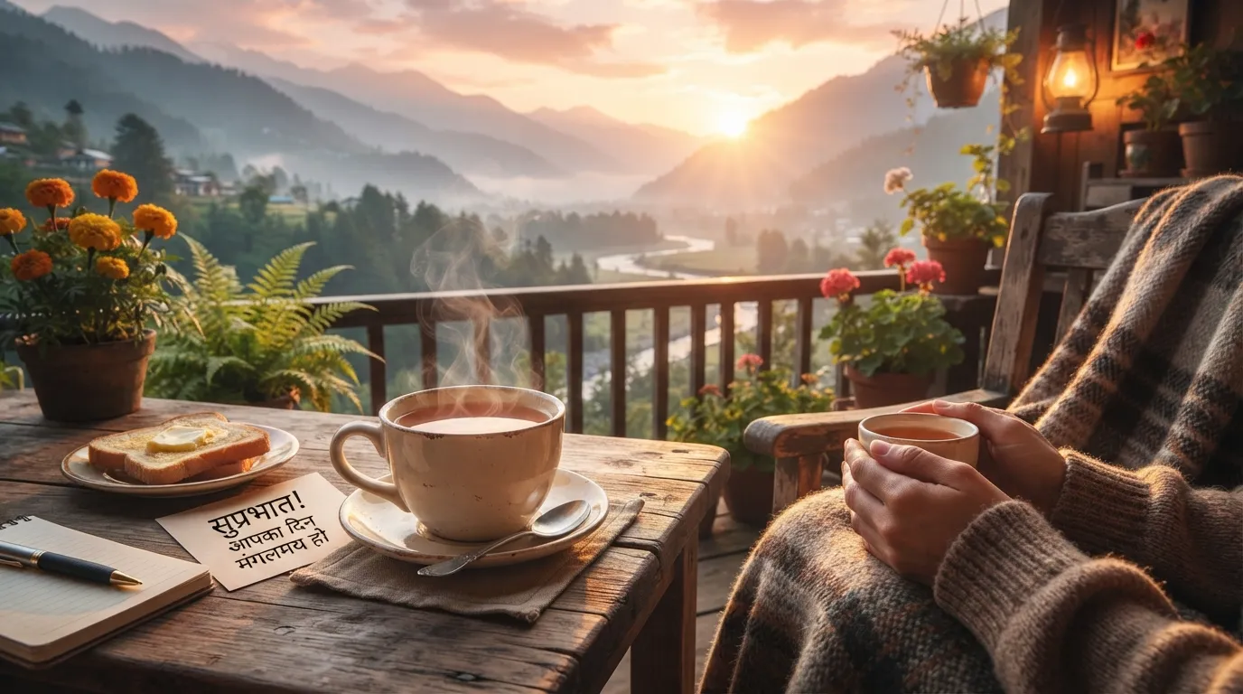 A cozy morning sunrise scene with a cup of tea and good morning message in Hindi.