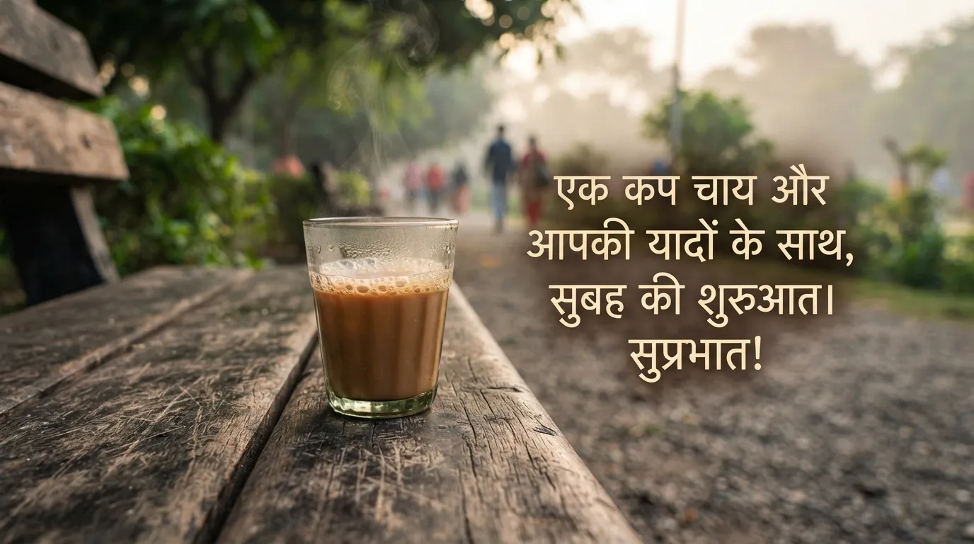 Traditional Indian tea glass on a wooden bench with a warm Hindi Good Morning wish.
