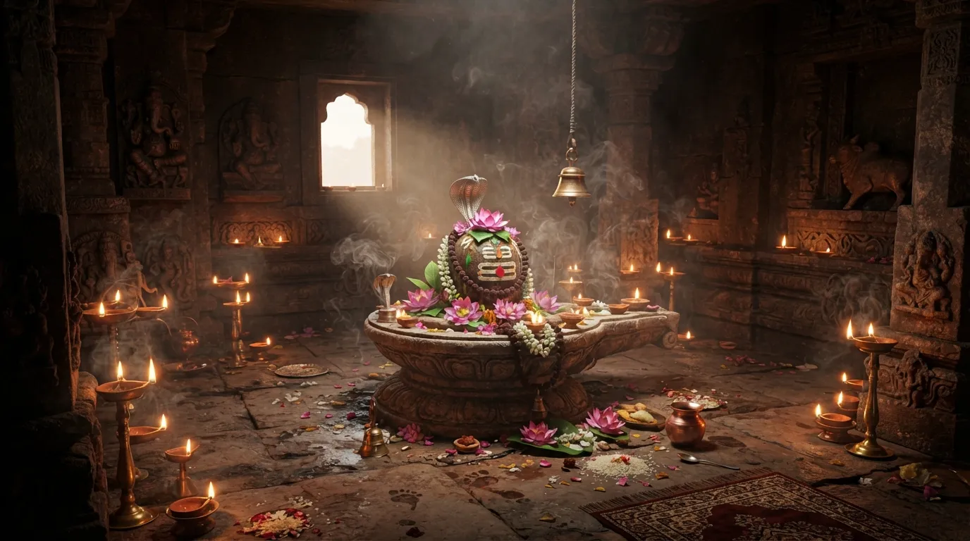 Traditional temple setting with shivling graphic images hd 3d during aarti.
