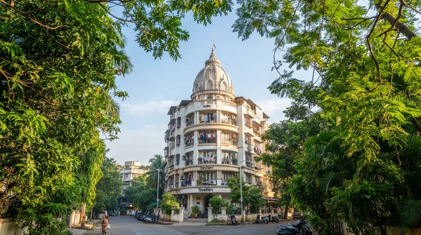 Shivling Building IC Colony framed by green trees on a bright morning.