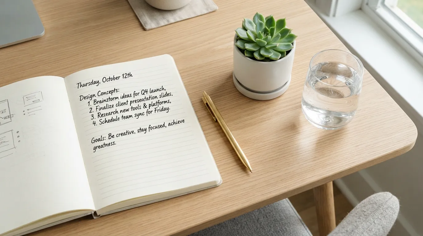 Minimalist desk setup with a motivational Tuesday morning quote.