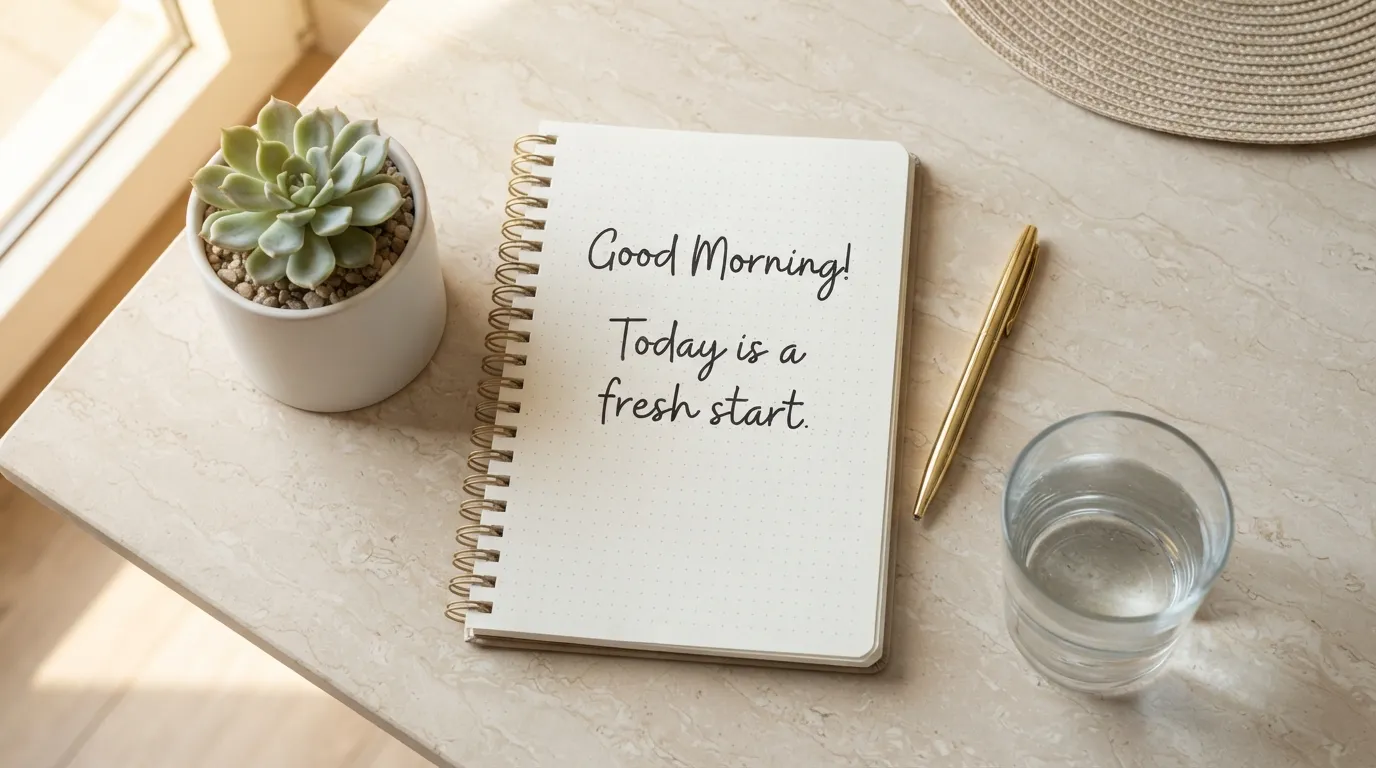 Flat lay of a notebook with good morning text next to a small indoor plant