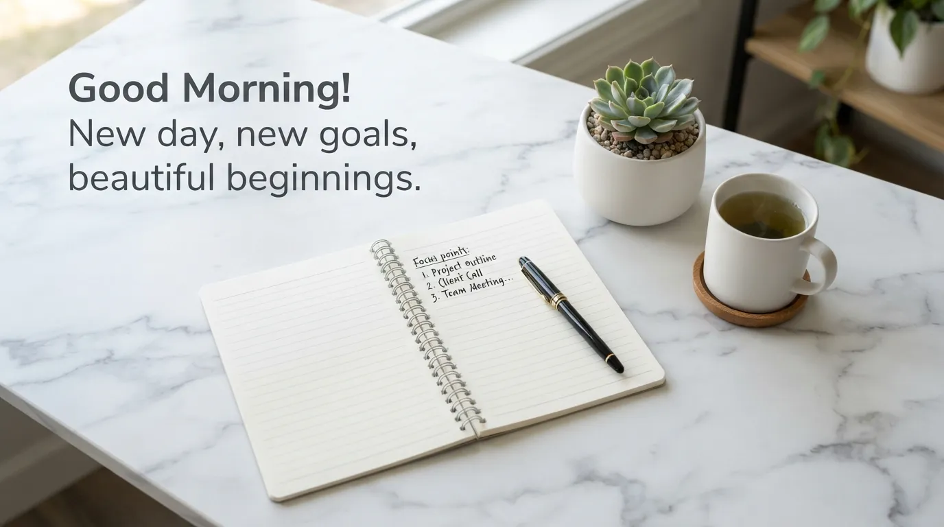 Special beautiful good morning images with an aesthetic minimalist desk setup.