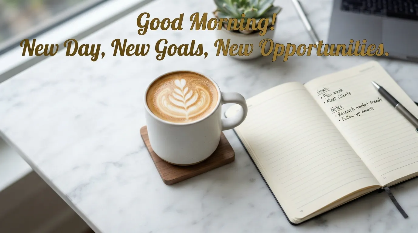 Aesthetic coffee mug with a motivational good morning quote in English.