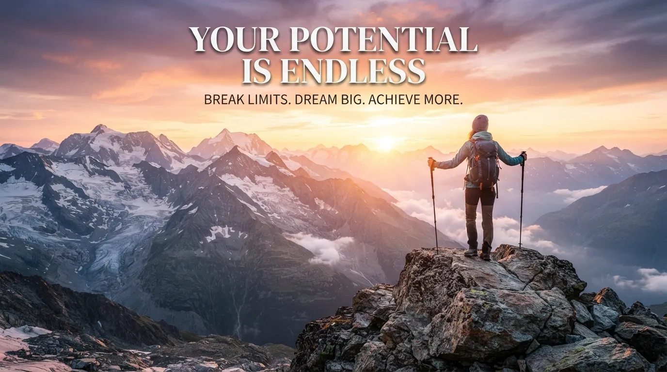 Majestic mountain sunrise view with a hiker and an empowering morning quote.