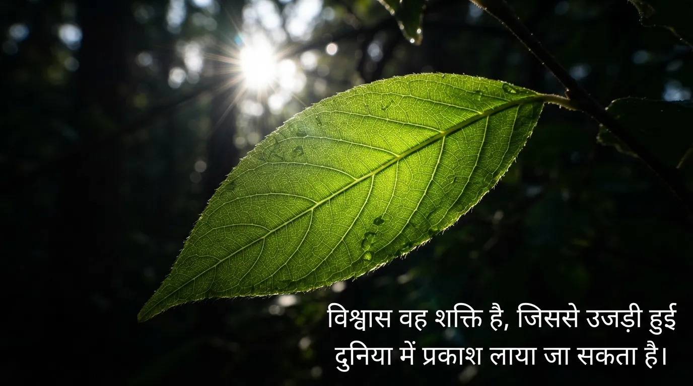 A single green leaf catching the morning sunlight with a motivational Hindi quote.