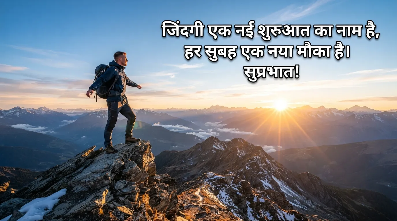 A person standing on a hilltop looking at the sunrise with a motivational Hindi quote.