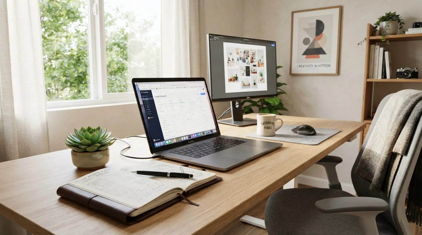 An inspiring workspace with a laptop, notebook, and a green plant in morning light.