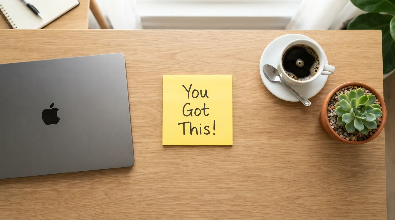 A clean modern office desk with a laptop, a coffee cup, and a yellow sticky note saying You Got This.
