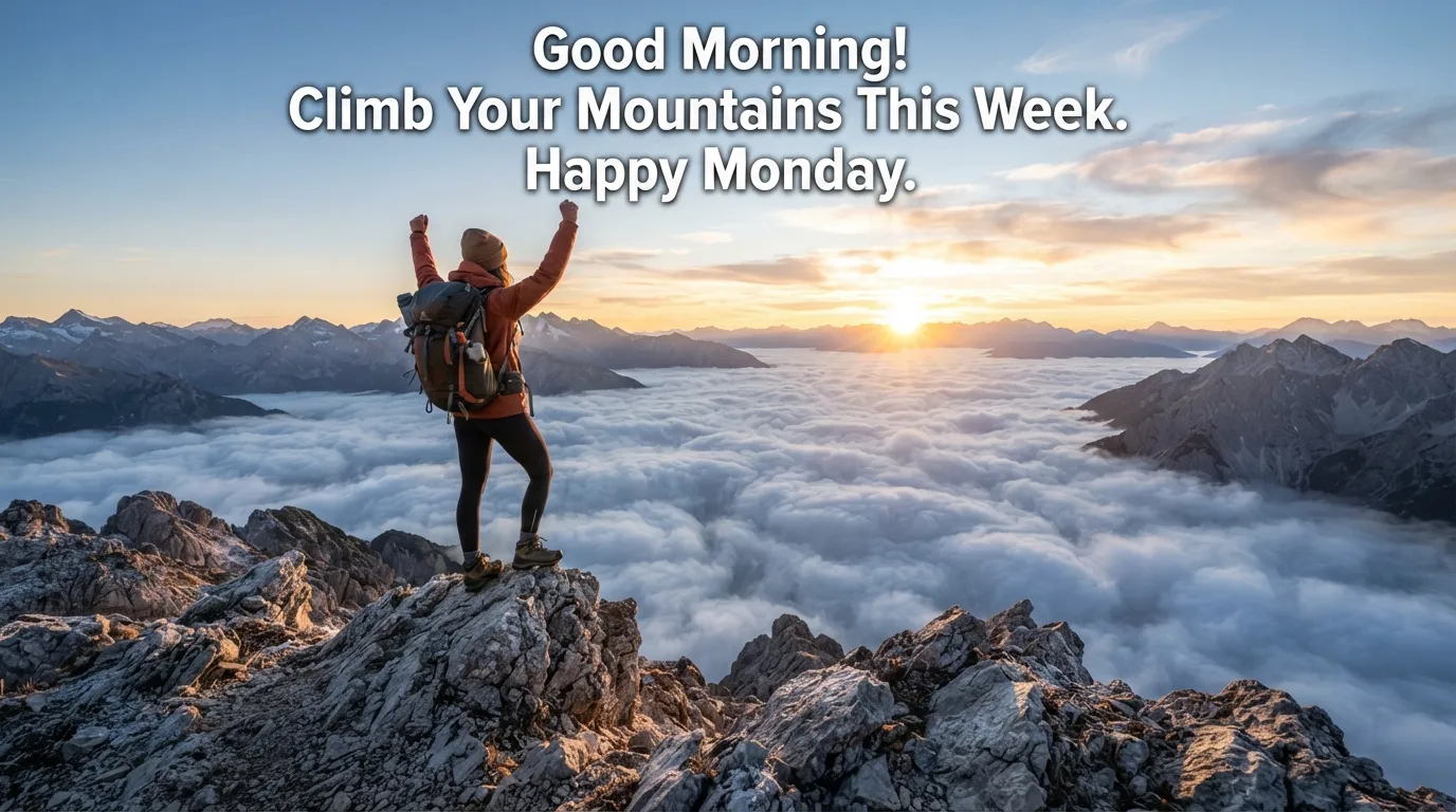 Hiker standing on a mountain top looking at a beautiful Monday sunrise.
