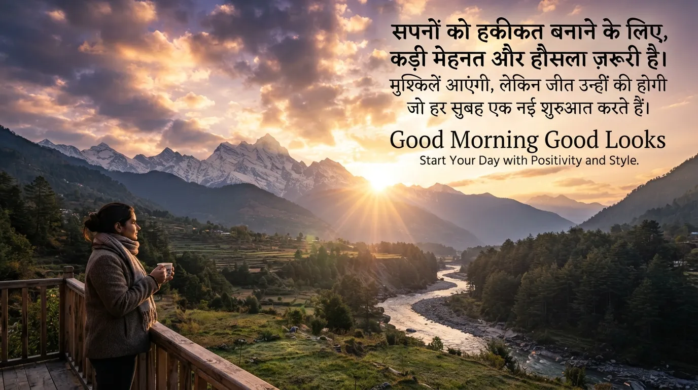 Mountain sunrise view good morning images with quotes in hindi.
