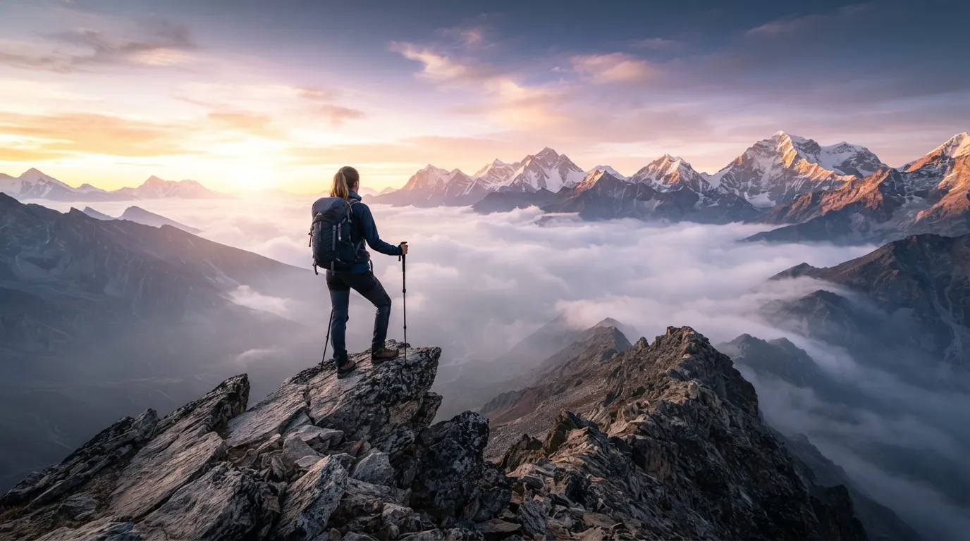 Majestic mountain peaks illuminated by morning pink sunrise light