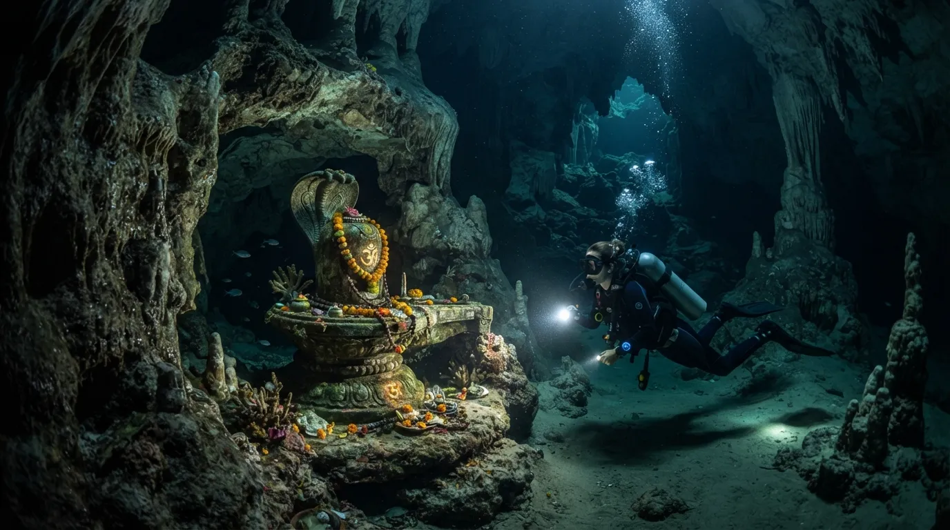 Shivling Hidden in a Dark Underwater Cave