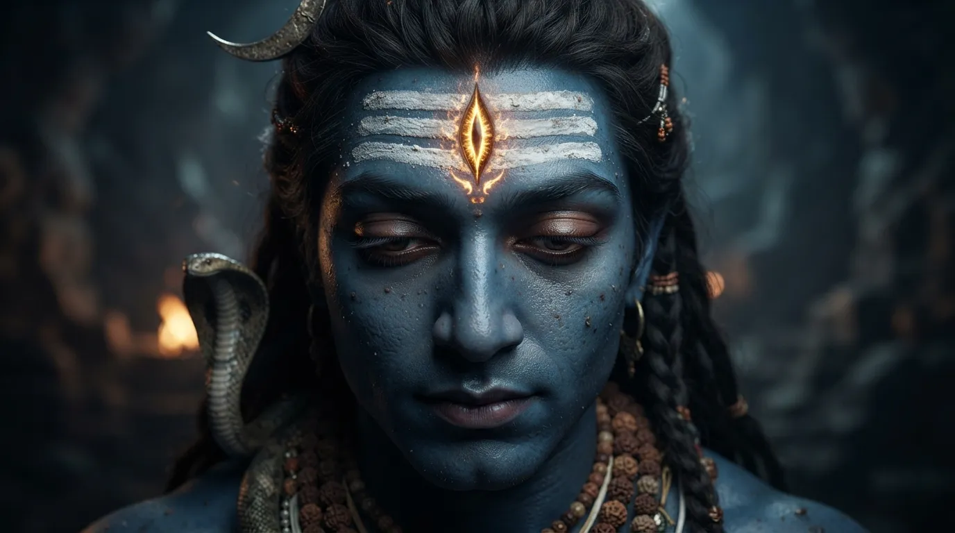 Close-up artistic illustration of Mahadev's half-open meditative eyes.
