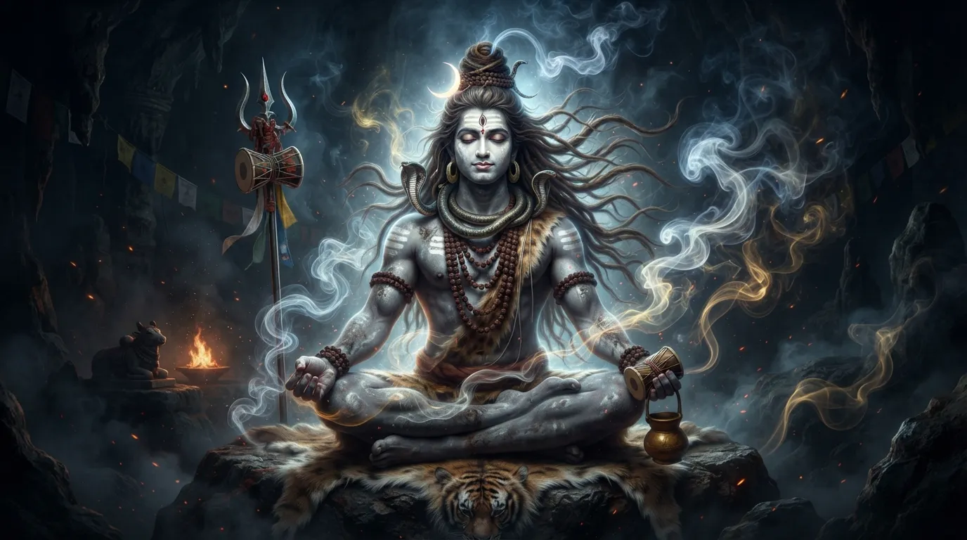 Mystical Aghori style Lord Shiva surrounded by divine smoke and holy ash, mahadev wallpaper hd 4k for pc.
