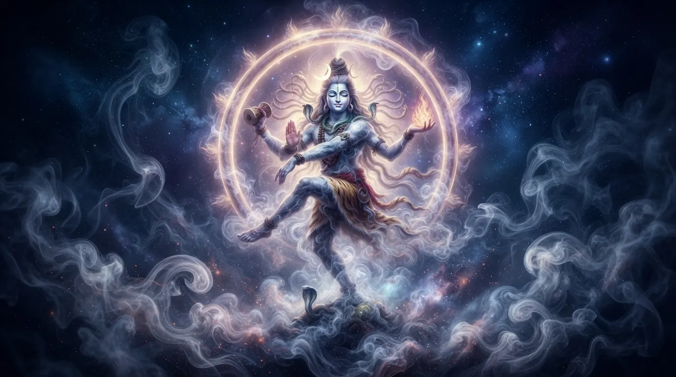 Lord Shiva Nataraja surrounded by mystical smoke and glowing spiritual aura