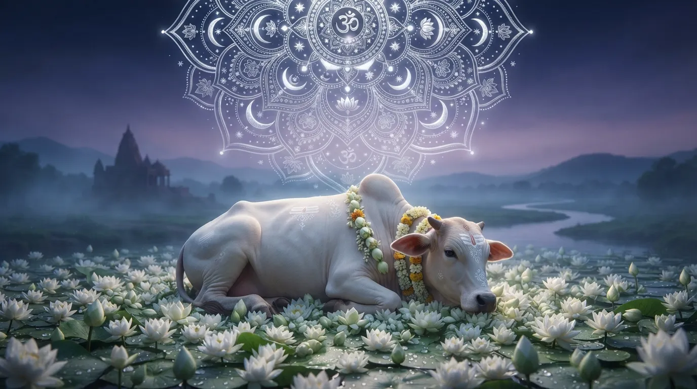 A sacred holy cow resting under a silver lunar mandala with crescent moon symbols.