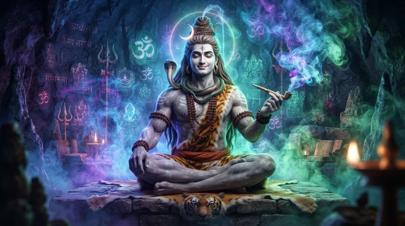 Aghori style Bholenath 3D photo sitting amidst mystical blue and purple smoke.