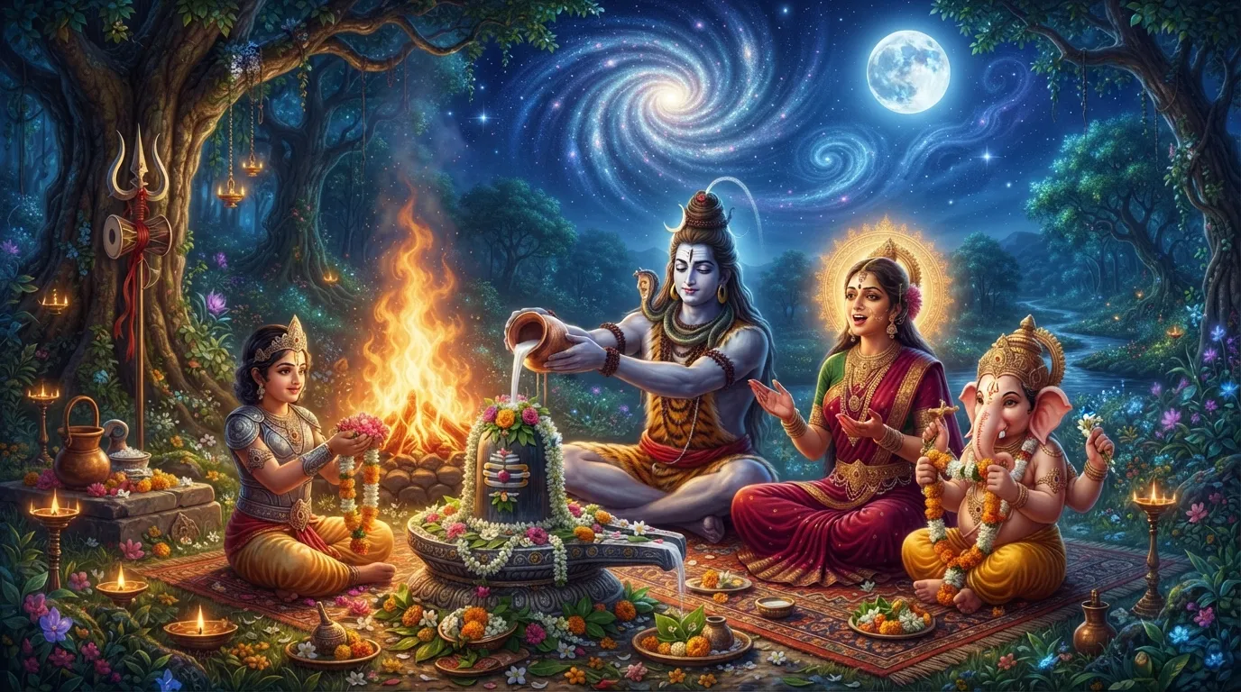 Lord Shiva's family celebrating the sacred night of Shivratri around a holy fire.