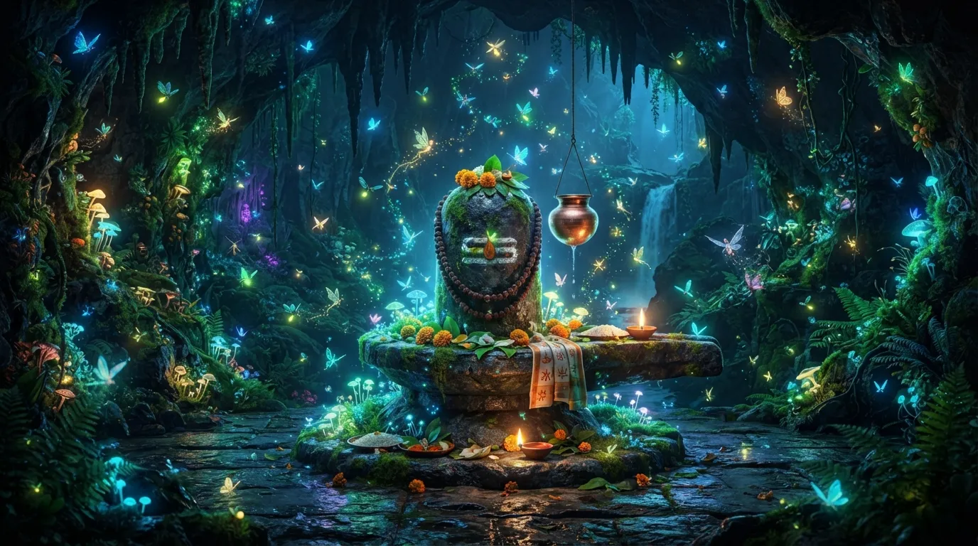Shivling Glowing in the Dark with Luminescent Jellyfish and Fish