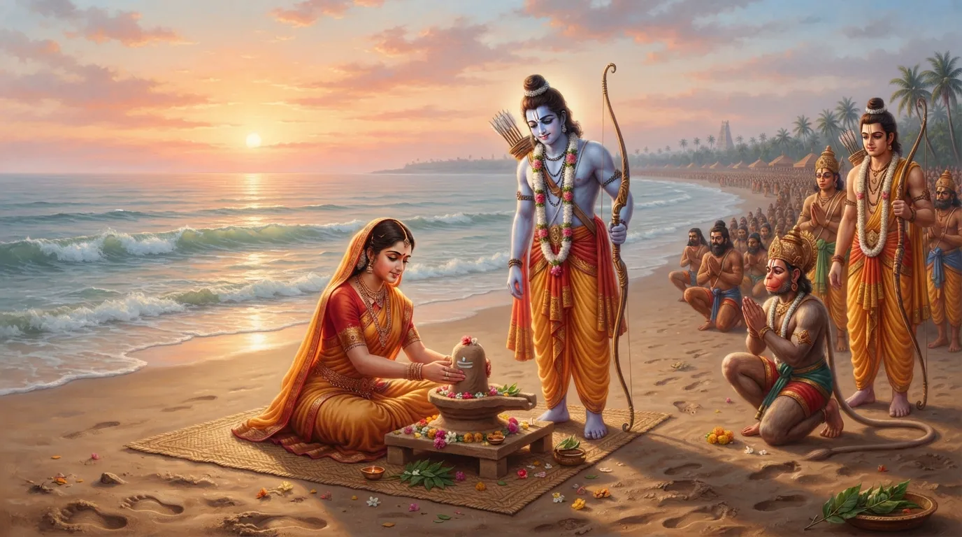 Artistic representation of Goddess Sita sculpting the Ramalingam Shivling on Rameshwaram coast.