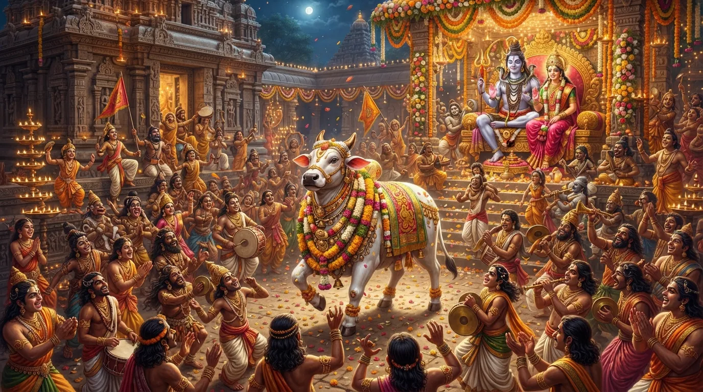 Image featuring Nandi, Shiva's bull, and other Ganas celebrating the wedding.