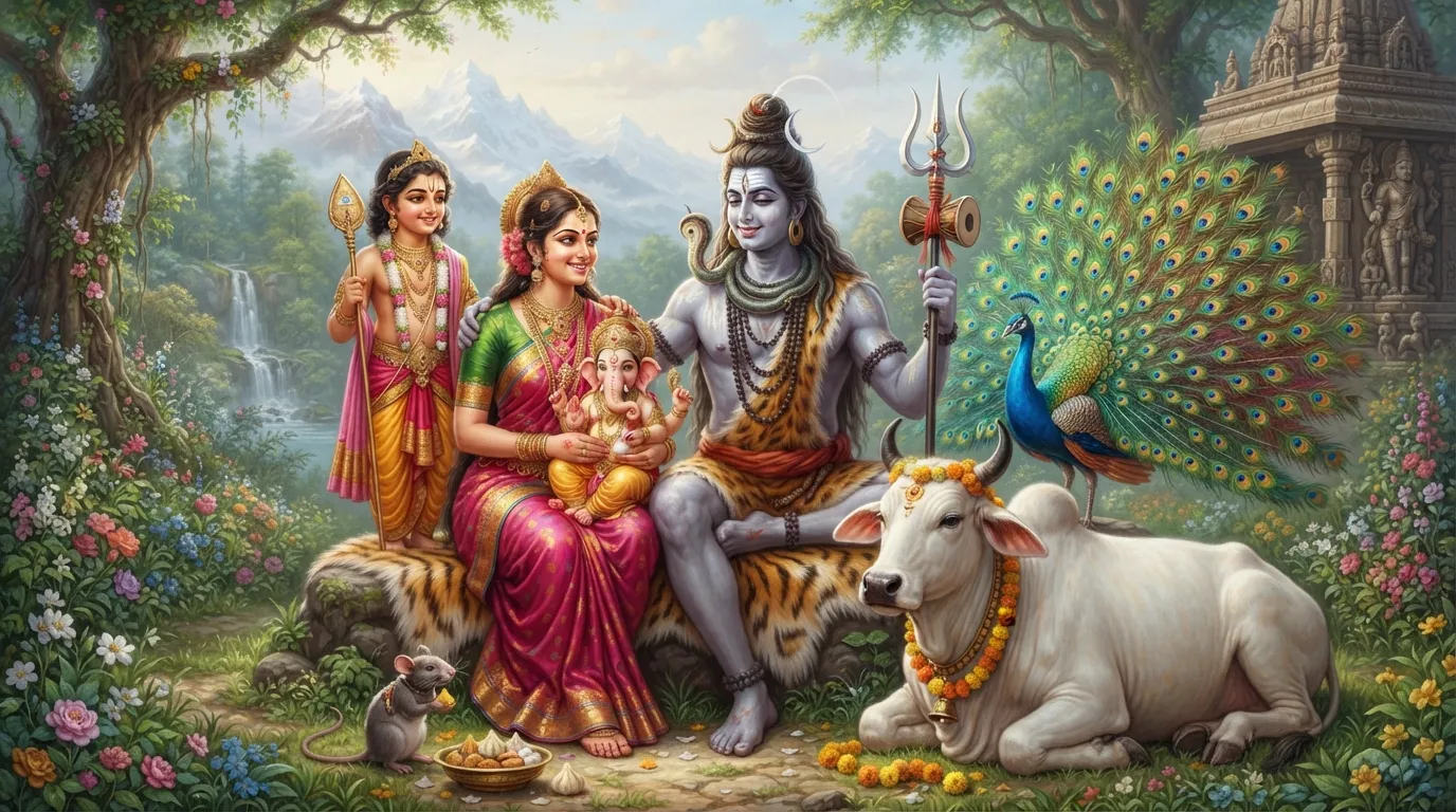 Sacred Vahanas Nandi the bull and the peacock resting peacefully next to the Shiva family.