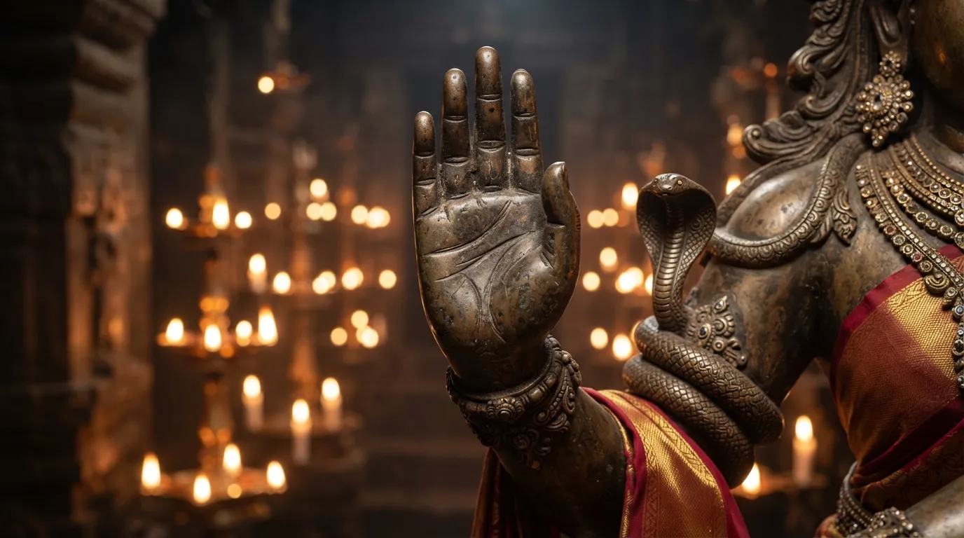 Close-up of Shiva Nataraja's lower right hand raised in the Abhaya Mudra gesture of reassurance.