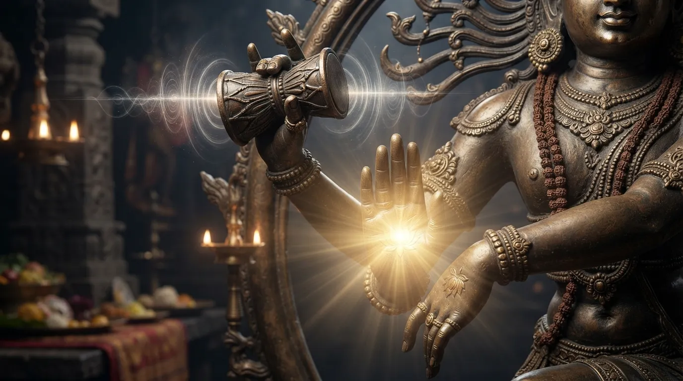 Detailed view of Lord Shiva's hand holding a damru and showing the abhaya mudra in nataraja shiva images.