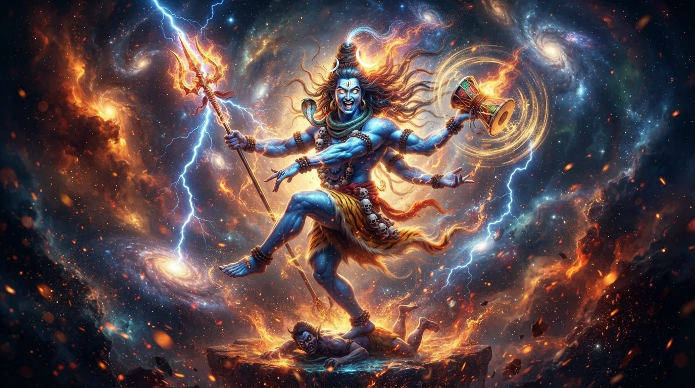Bholenath 3D photo performing the cosmic Tandav dance with a fiery background.