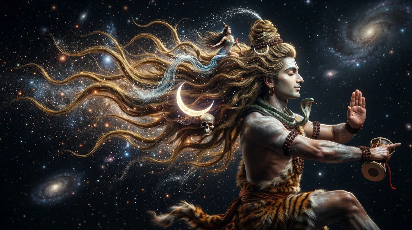 Side-angle image of Shiva's flowing matted hair strands decorated with a crescent moon, skull, and the Goddess Ganga.